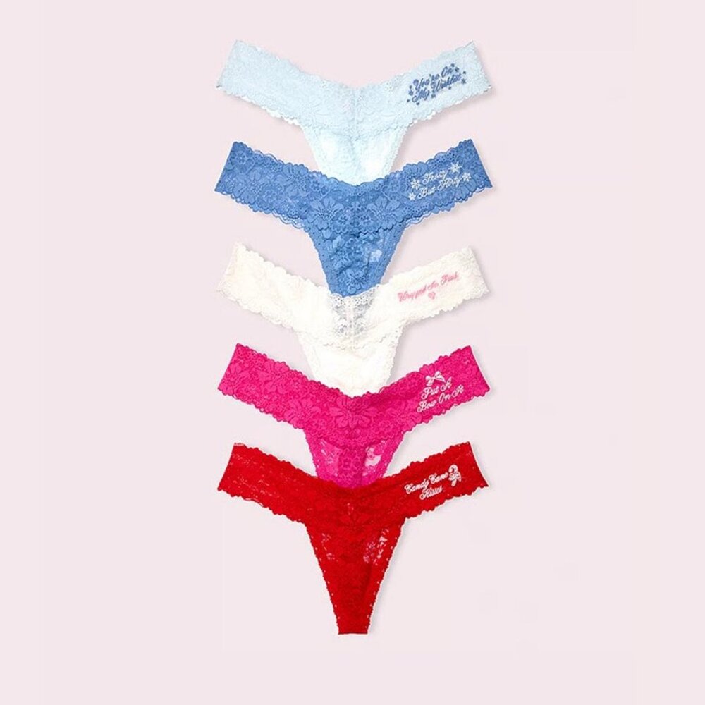 Victoria's Secret PINK x LoveShackFancy Holiday Notes 5-Pack Thong Panties